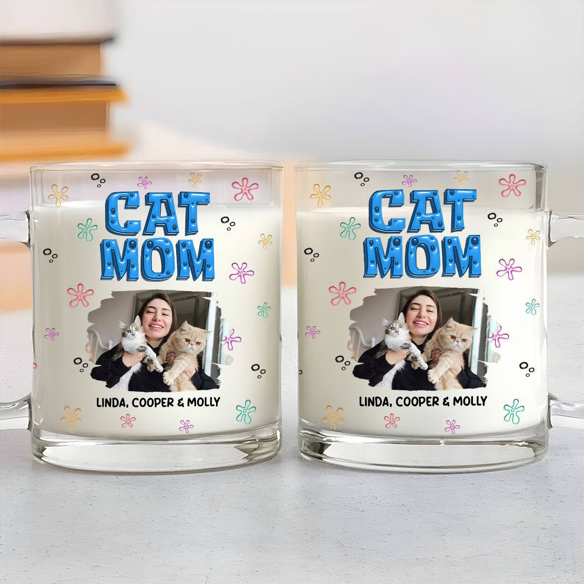 Custom Photo Christmas Birthday Gifts For Cat Mom, Cat Lovers • Sponge Cat Mom Photo - Personalized 3D Inflated Effect Glass Mug