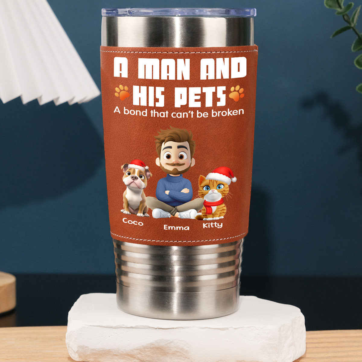 Custom Christmas Birthday Gifts For Pet Lovers • Human And Their Pet Cartoon Christmas - Personalized Leather Tumbler