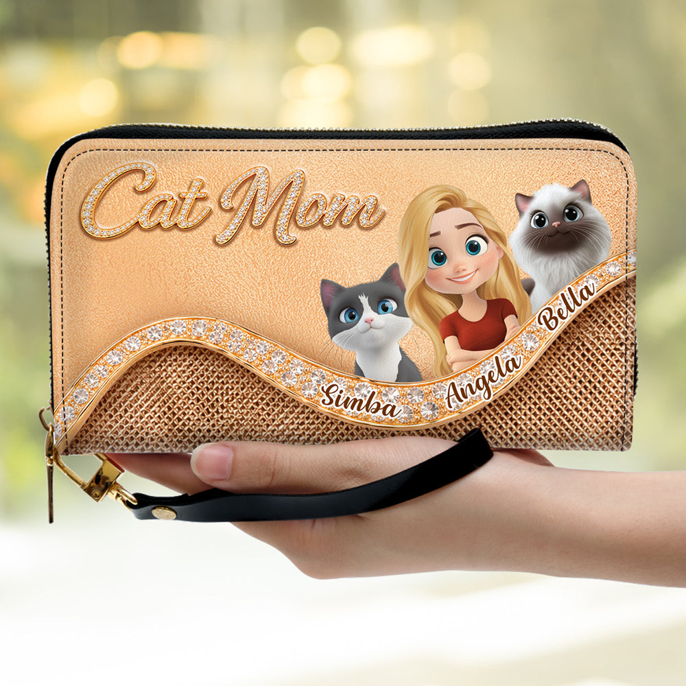 Gold Chibi Cat Mom - Personalized Leather Wallet