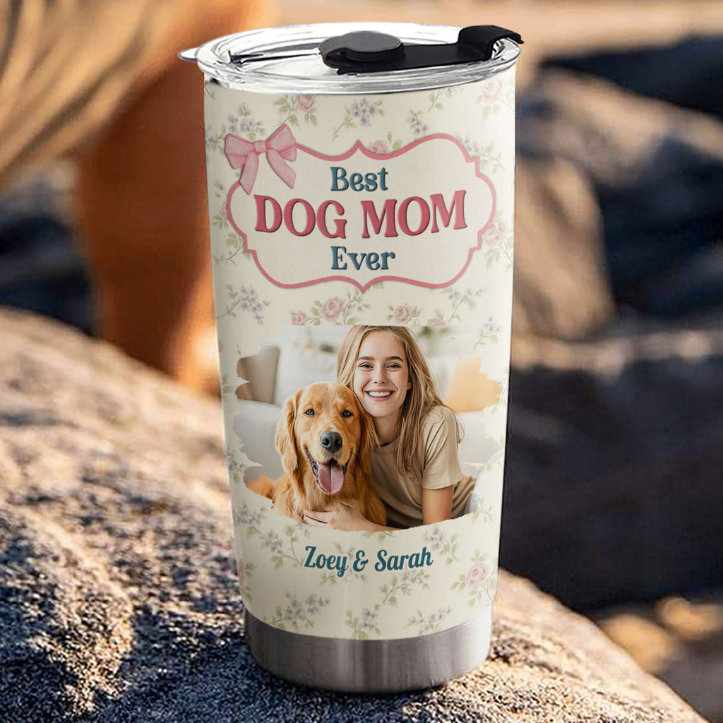 Custom Photo Christmas Birthday Gifts For Dog Mom, Dog Lovers • Coquette Floral Photo - Personalized Tumbler