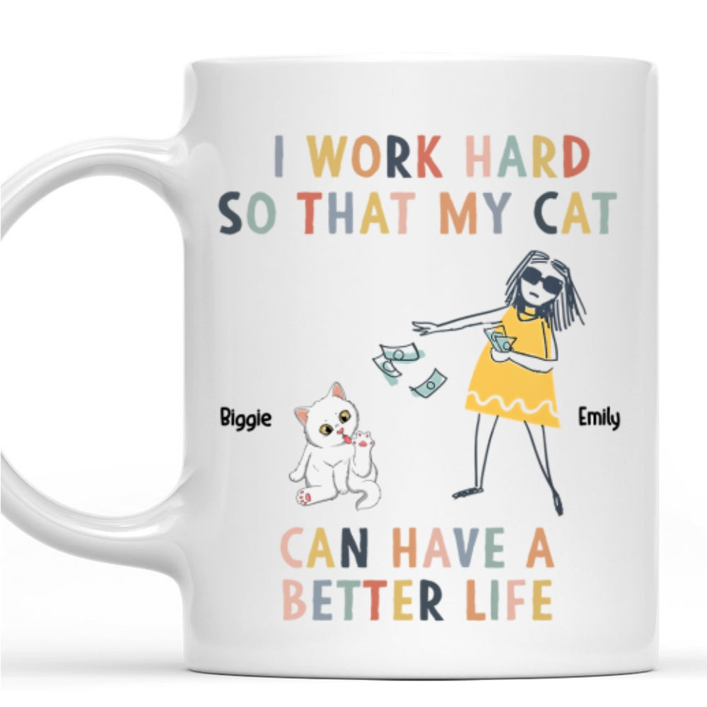 Custom Mother's day Birthday Gifts For Cat Mom, Cat Lovers • I Work Hard Because Of My Cat - Personalized Coffee Mug