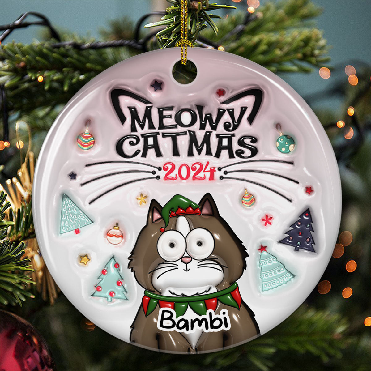 Custom Christmas Decor Home Birthday Gifts For Cat Lovers • Meowy Catmas - Personalized 3D Inflated Effect Ceramic Ornament