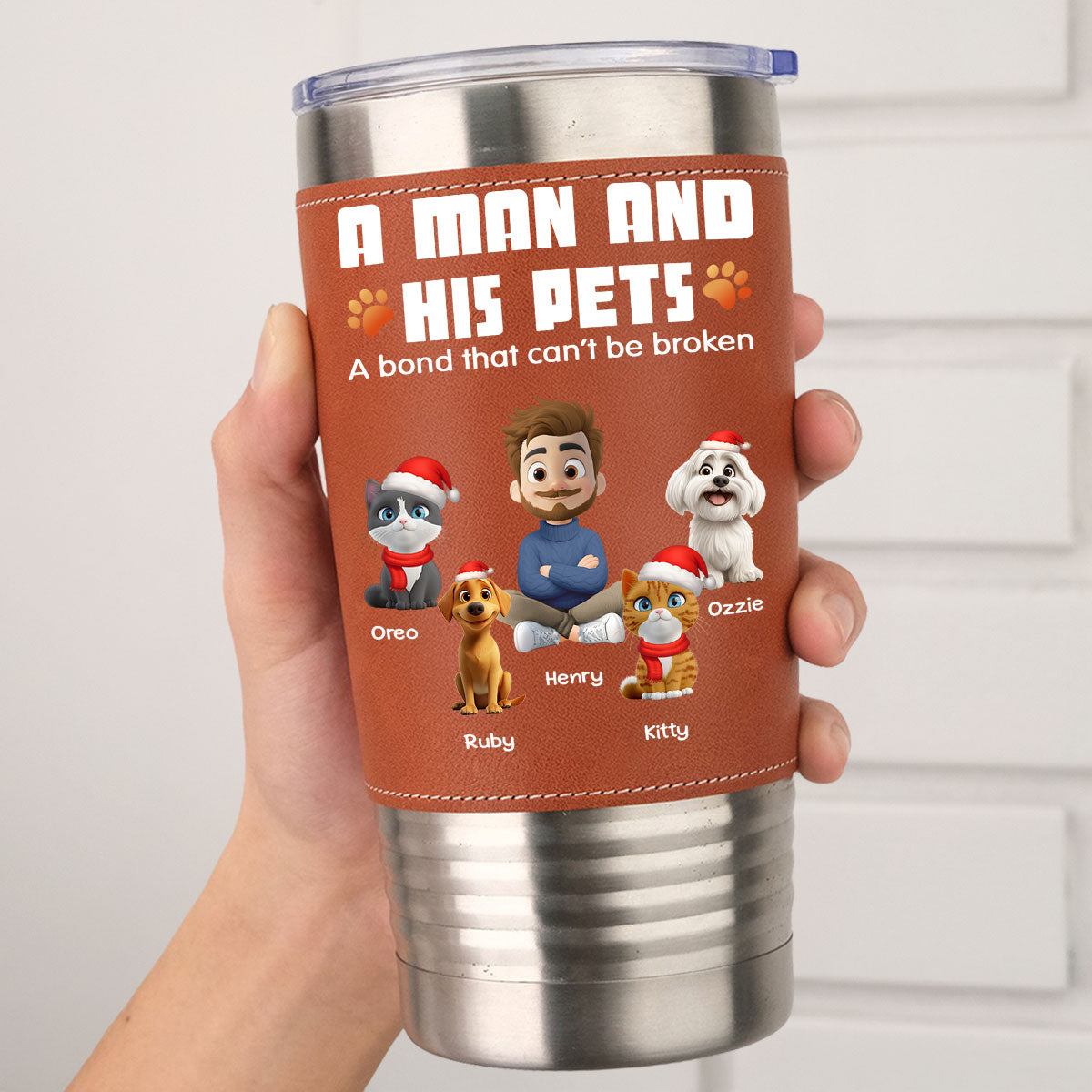 Custom Christmas Birthday Gifts For Pet Lovers • Human And Their Pet Cartoon Christmas - Personalized Leather Tumbler