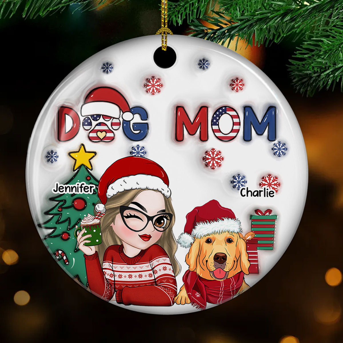 Custom Christmas Decor Home Birthday Gifts For Dog Mom, Dog Lovers • American Dog Mom Christmas - Personalized 3D Inflated Effect Ceramic Ornament