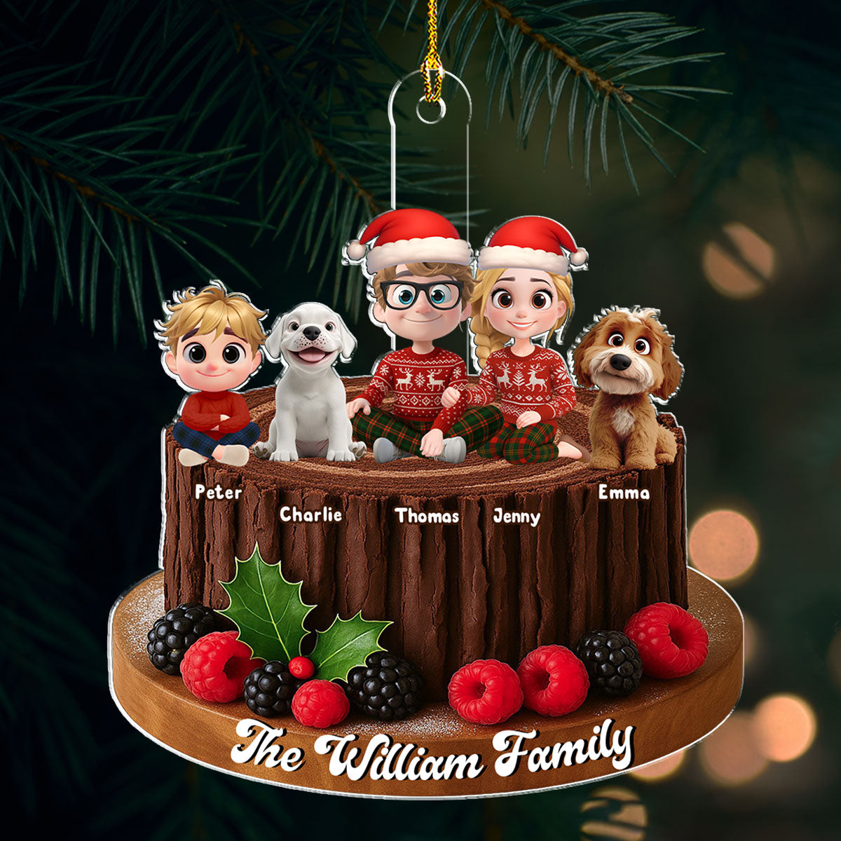 Custom Christmas Decor Home Birthday Gifts For Dog Lovers • Yule Log Cake Family - Personalized Acrylic Ornament