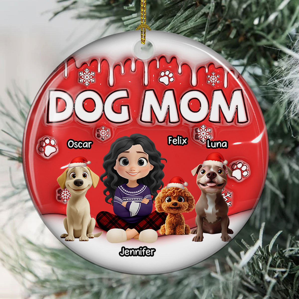 Custom Christmas Decor Home Birthday Gifts For Dog Mom, Dog Lovers • Dog Mom Cartoon In Christmas - Personalized 3D Inflated Effect Ceramic Ornament