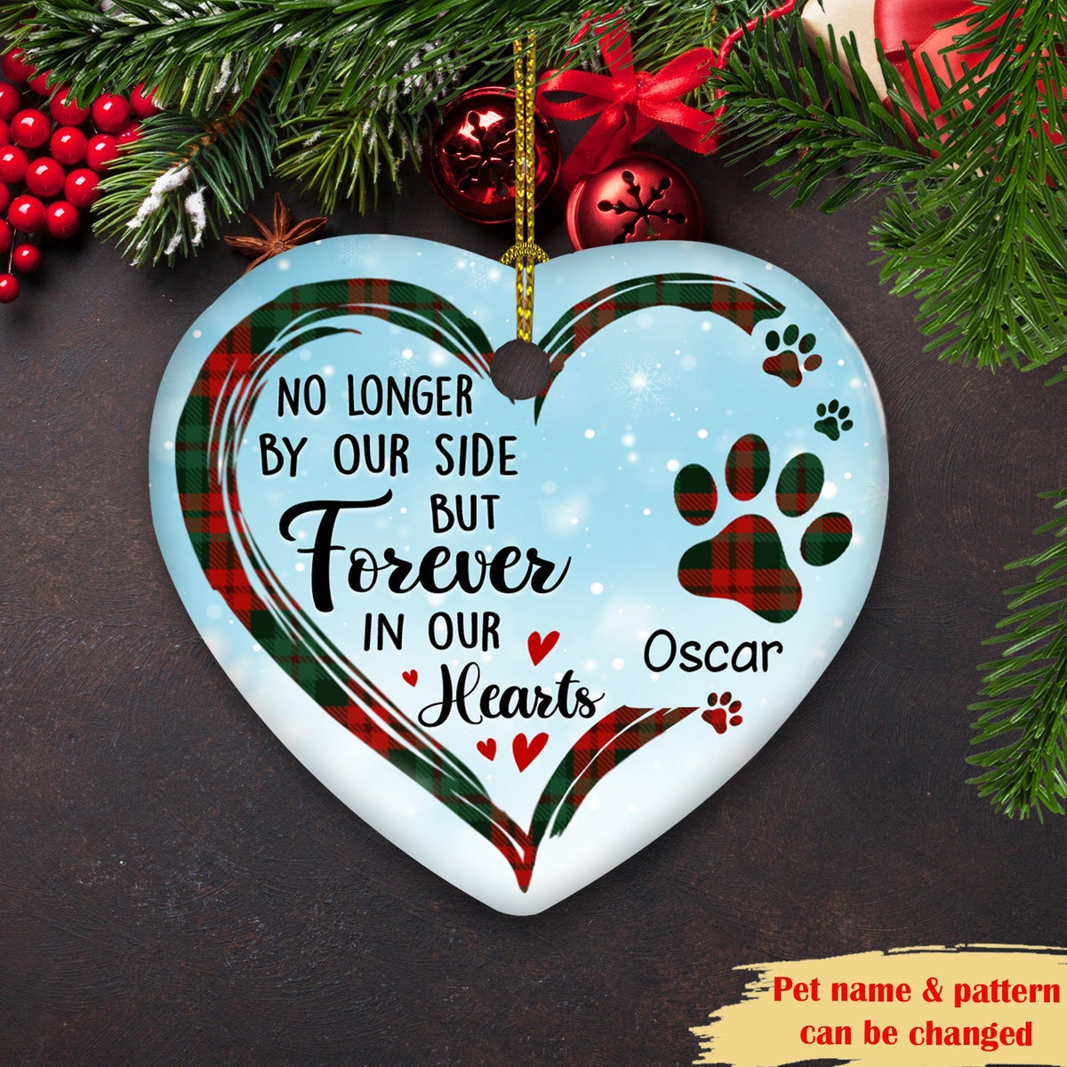 Custom Christmas Memorial Sympathy Gifts For Dogs, Cats • Forever In Our Hearts - Personalized Ceramic Christmas Ornament