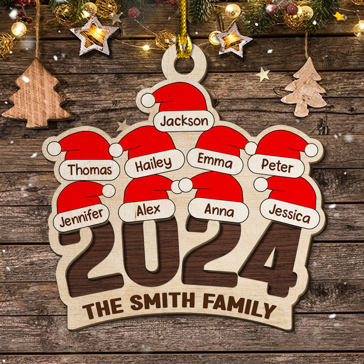 Family Santa Hat - Personalized 2-Layered Wood Ornament