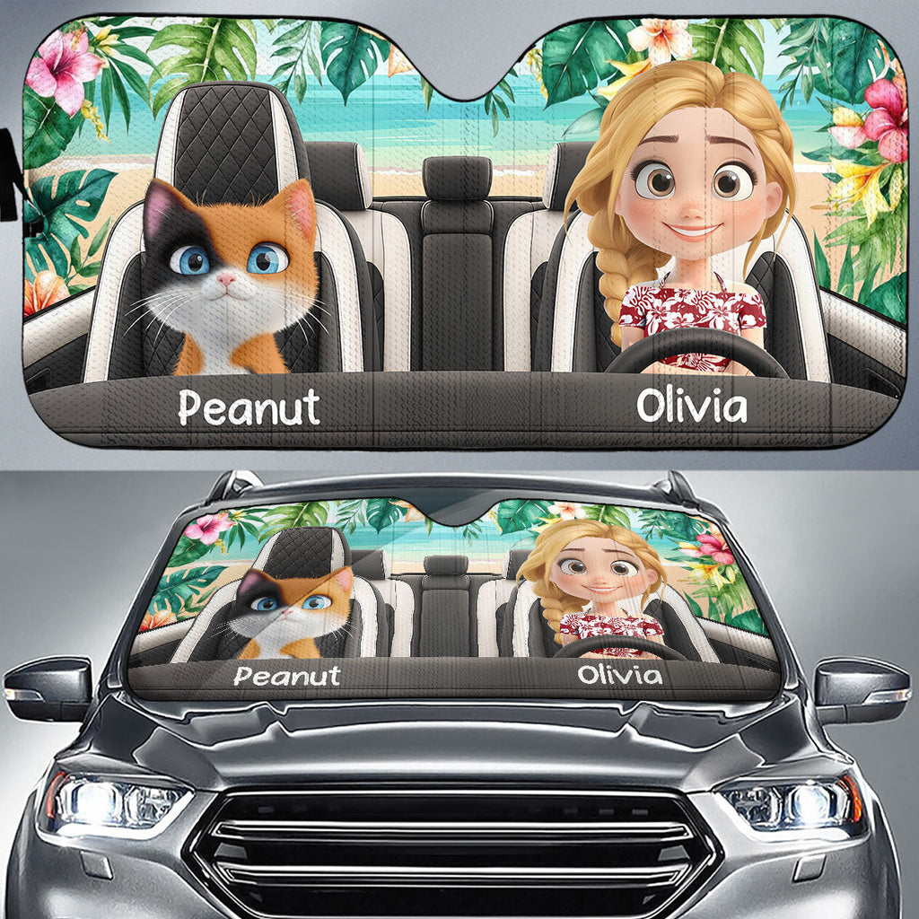 Custom Christmas Birthday Gifts Car Accessories for Cat Parents • Summer With My Cat - Personalized Car Sunshade