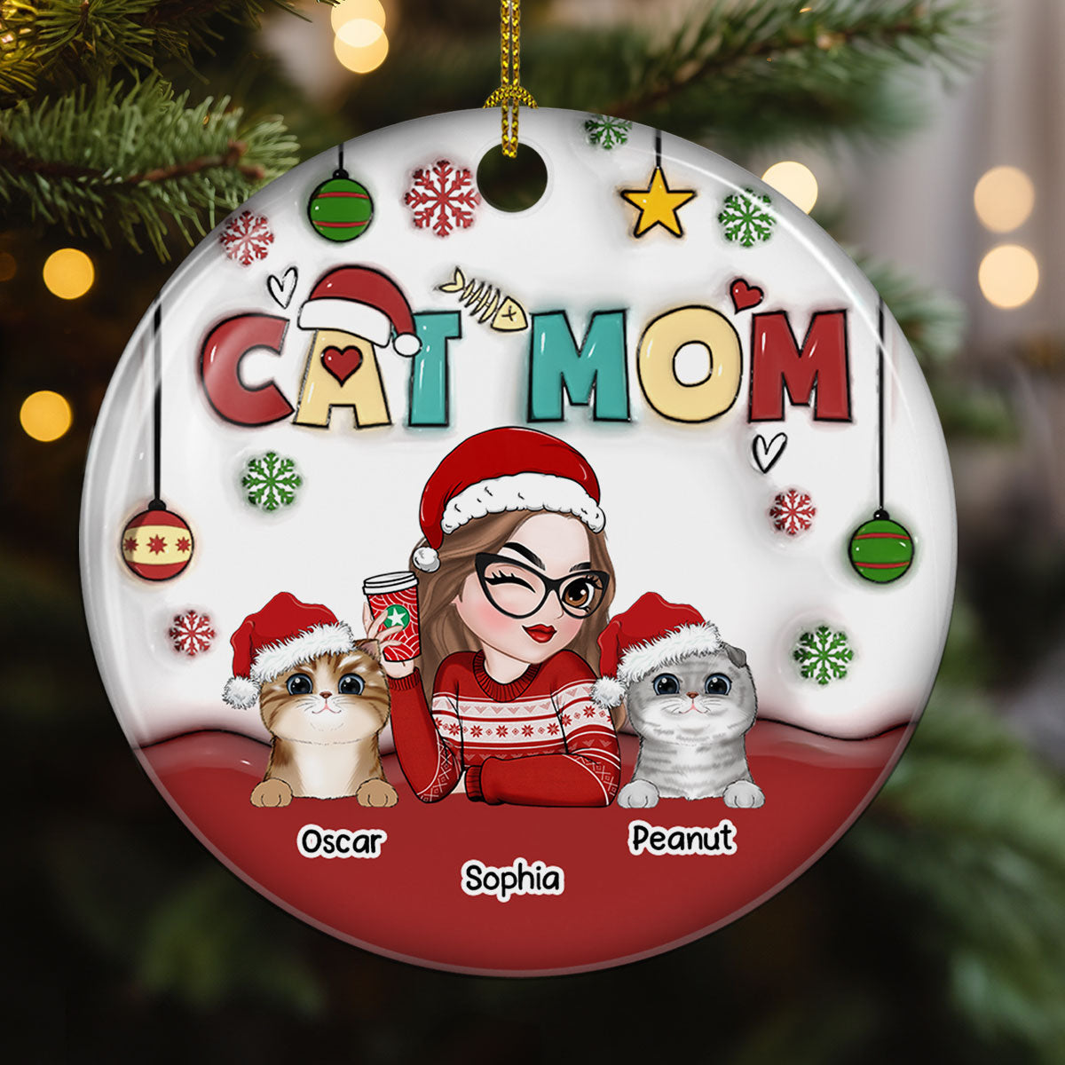 Custom Christmas Decor Home Birthday Gifts For Cat Mom, Cat Lovers • Mom Of Cats- Personalized 3D Inflated Effect Ceramic Ornament