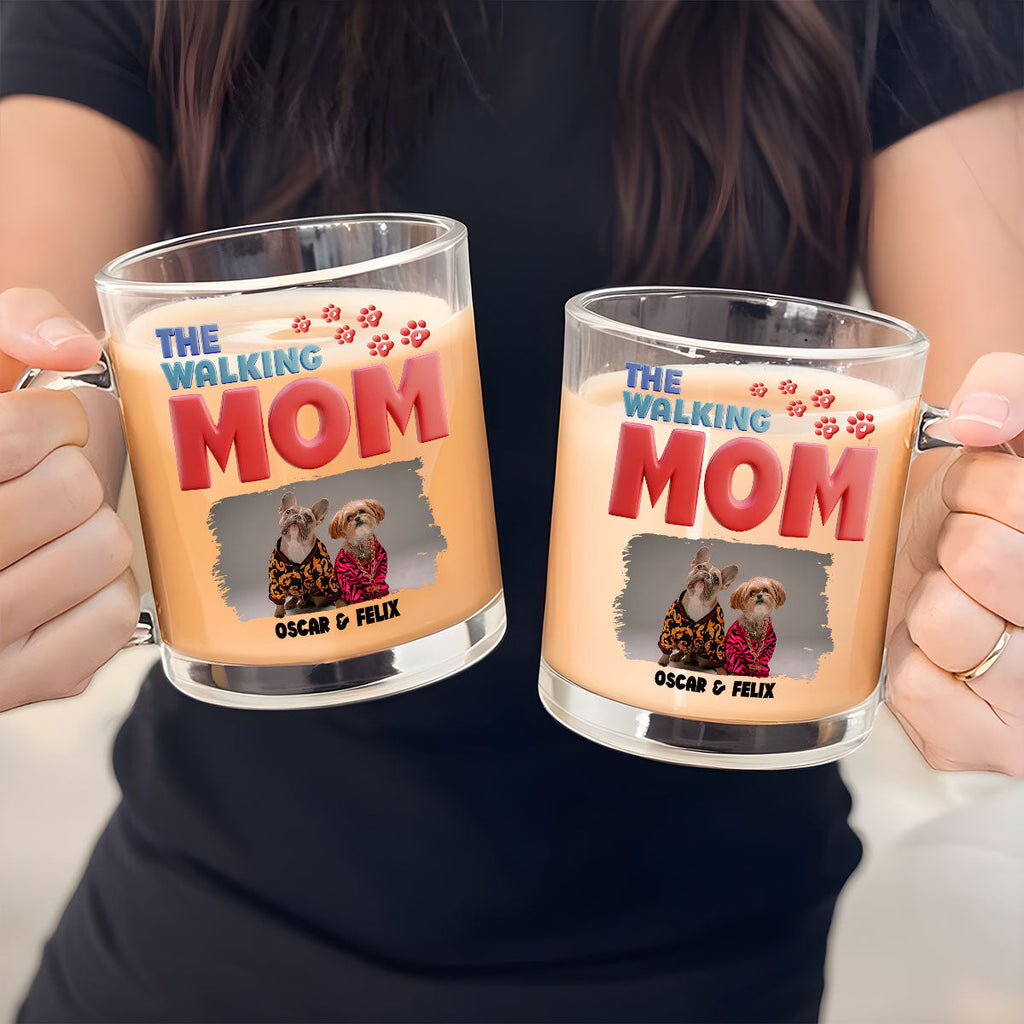 Custom Photo Mother's day Birthday Gifts For Dog Mom, Dog Lovers • Lovely Walking Mom Cartoon Photo - Personalized Glass Mug