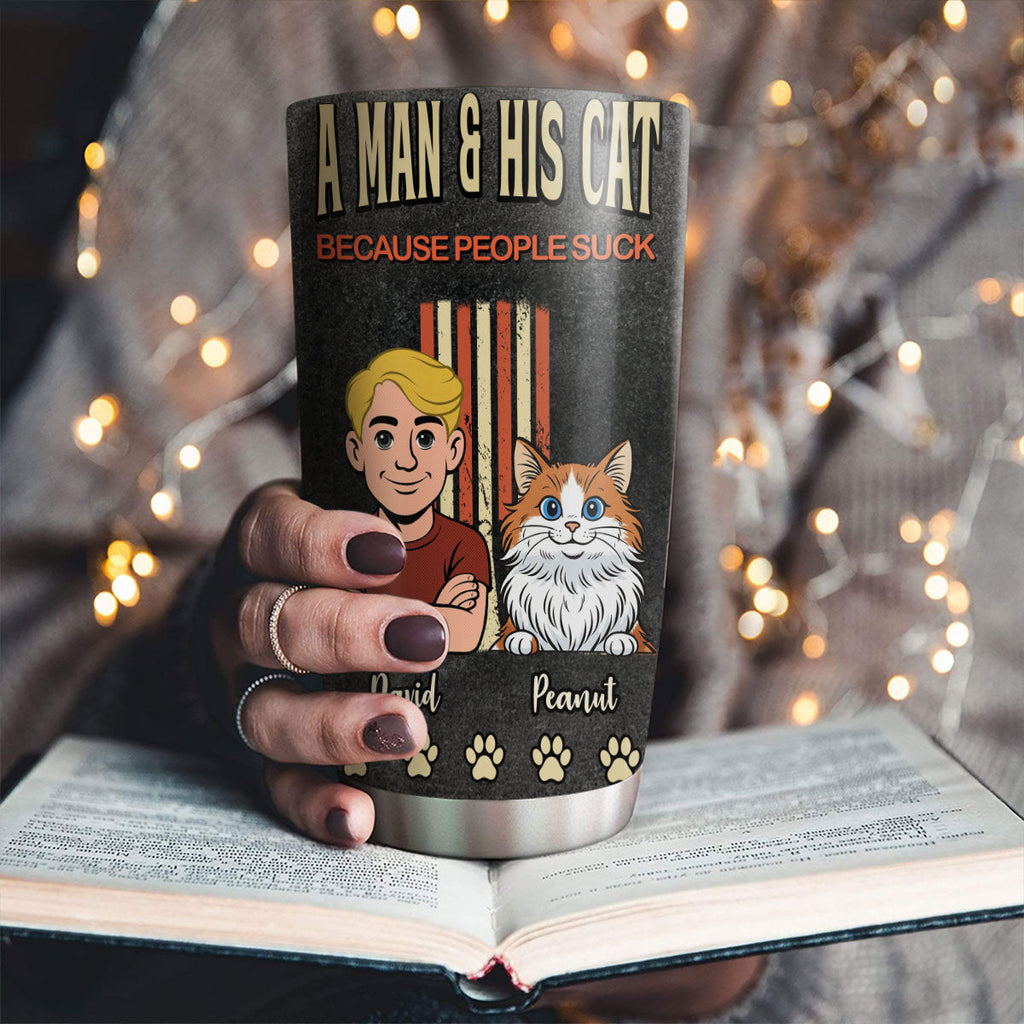 Custom Father's day Birthday Gifts For Pet Dad, Pet Lovers • A Man And His Retro Cat - Personalized Tumbler