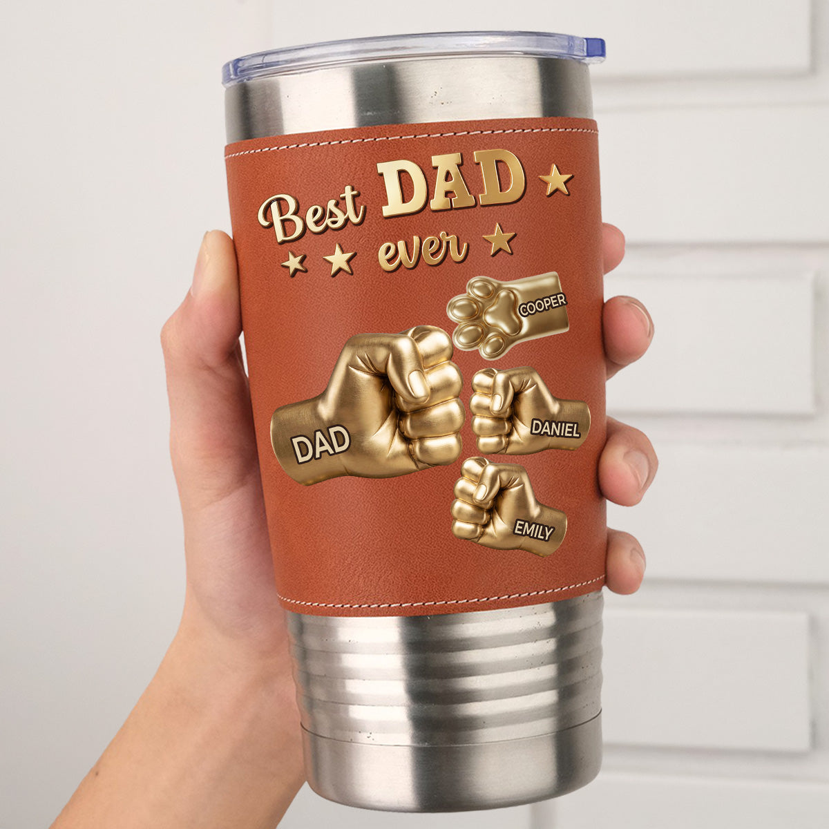 Custom Father's day Birthday Gifts For Dog Dad, Dog Lovers • Gold Best Dad Ver Paw 2 - Personalized Leather Tumbler