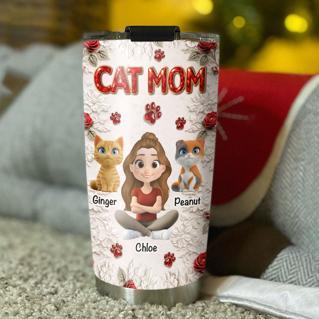 Custom Christmas Birthday Gifts For Cat Mom, Cat Lovers • Floral Cat Mom - Personalized 3D Effect Tumbler
