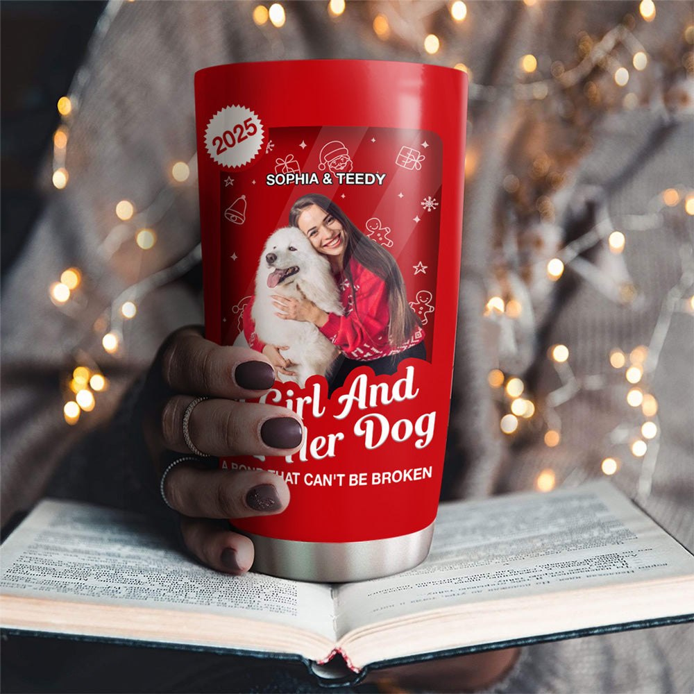 Custom Photo Christmas Birthday Gifts For Dog Mom, Dog Lovers • A Woman And Her Dog Cartoon Christmas Photo - Personalized Tumbler