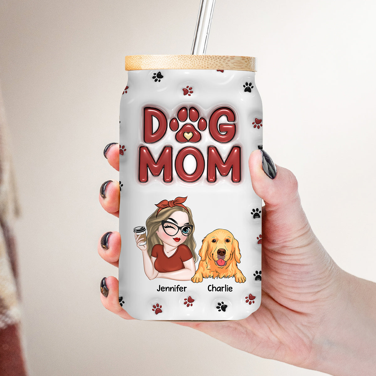 Lovely Dog Mom Mum - Personalized 3D Inflated Effect Glass Can