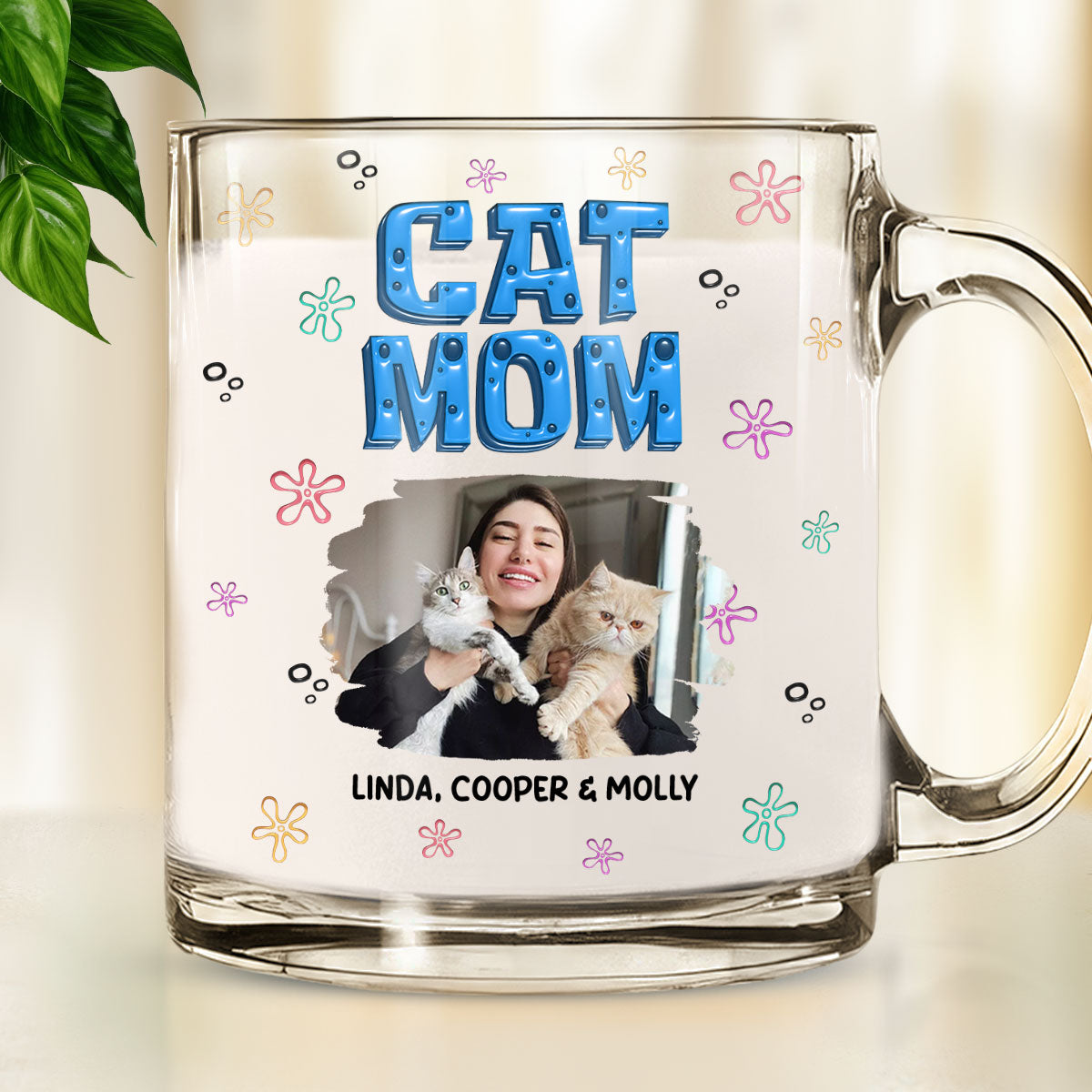Custom Photo Christmas Birthday Gifts For Cat Mom, Cat Lovers • Sponge Cat Mom Photo - Personalized 3D Inflated Effect Glass Mug