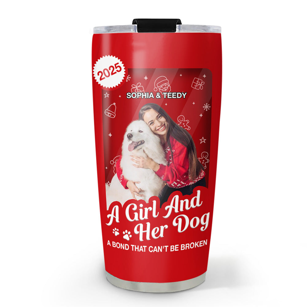 Custom Photo Christmas Birthday Gifts For Dog Mom, Dog Lovers • A Woman And Her Dog Cartoon Christmas Photo - Personalized Tumbler