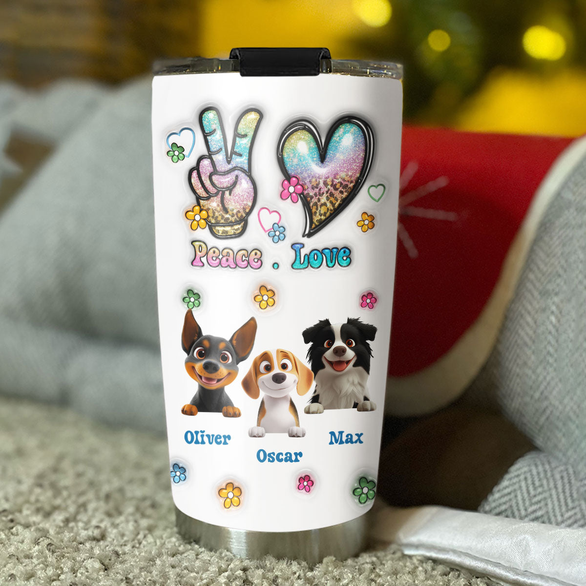 Custom Christmas Birthday Gifts For Dog Lovers • Peace Love Dog - Personalized 3D Inflated Effect Tumbler