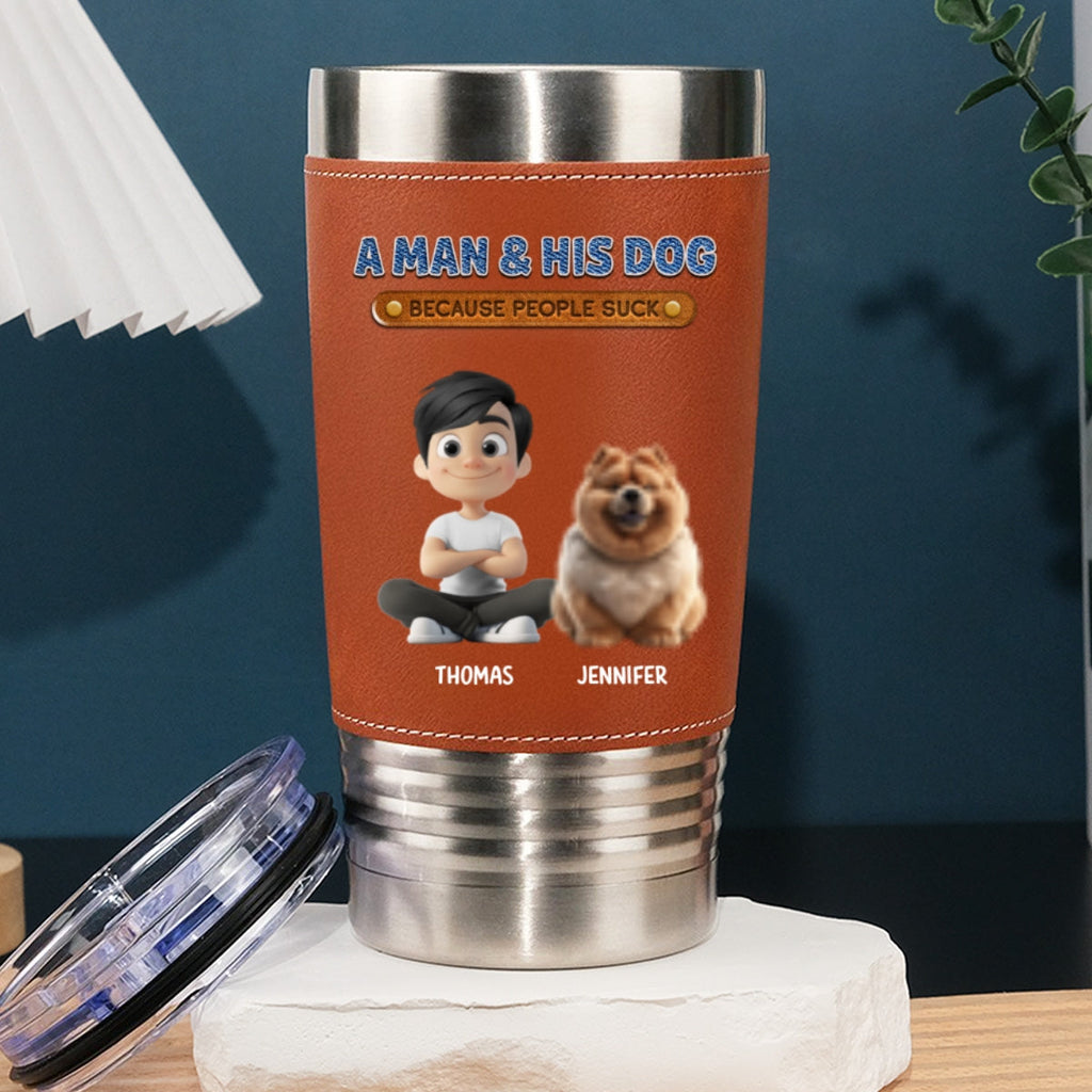 Custom Christmas Birthday Gifts For Dog Dad, Dog Lovers • A Gentleman And His Dog - Personalized Leather Tumbler
