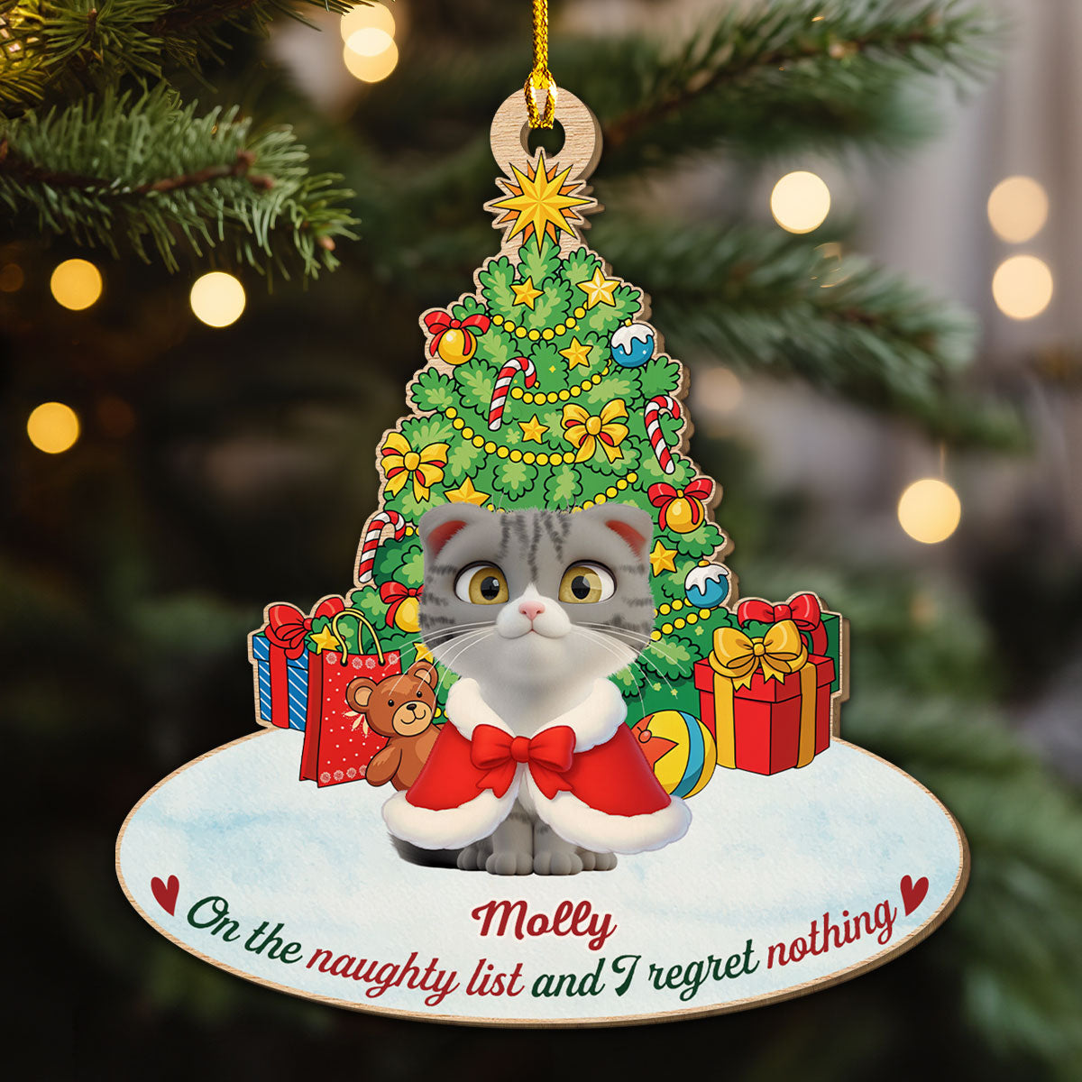 Custom Christmas Decor Home Birthday Gifts For Cat Lovers • On The Naughty List Cat Cartoonize - Personalized Wood Ornament