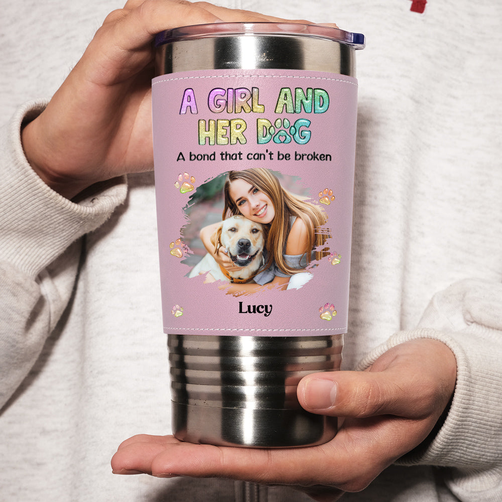 A Girl And Her Lovely Dog Photo - Personalized Pink Leather Tumbler