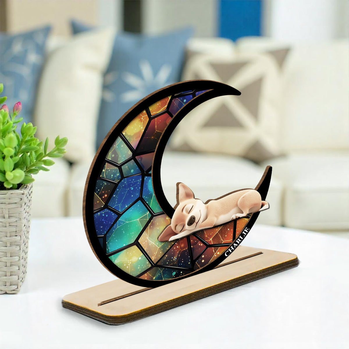 Dog On The Moon - Personalized 2-Layer Wood Plaque With Flat Base