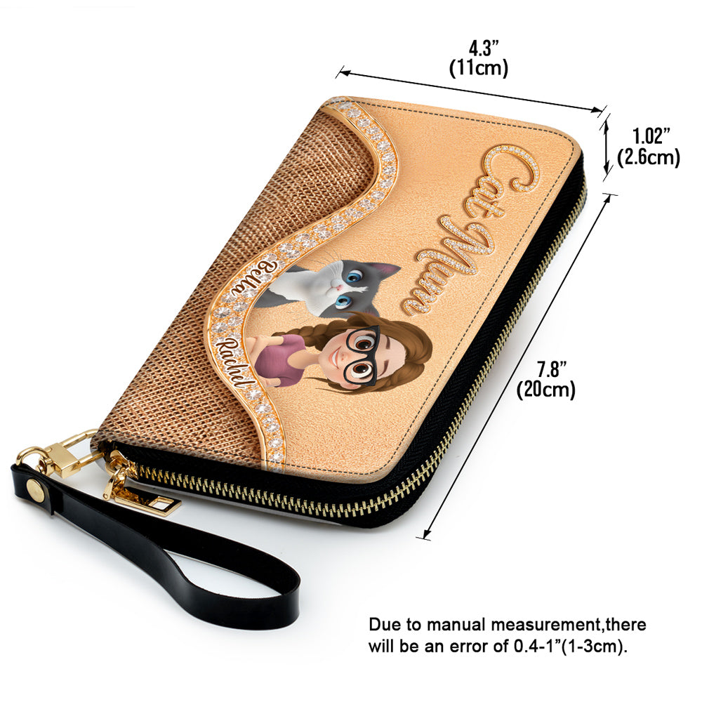 Gold Chibi Cat Mom - Personalized Leather Wallet