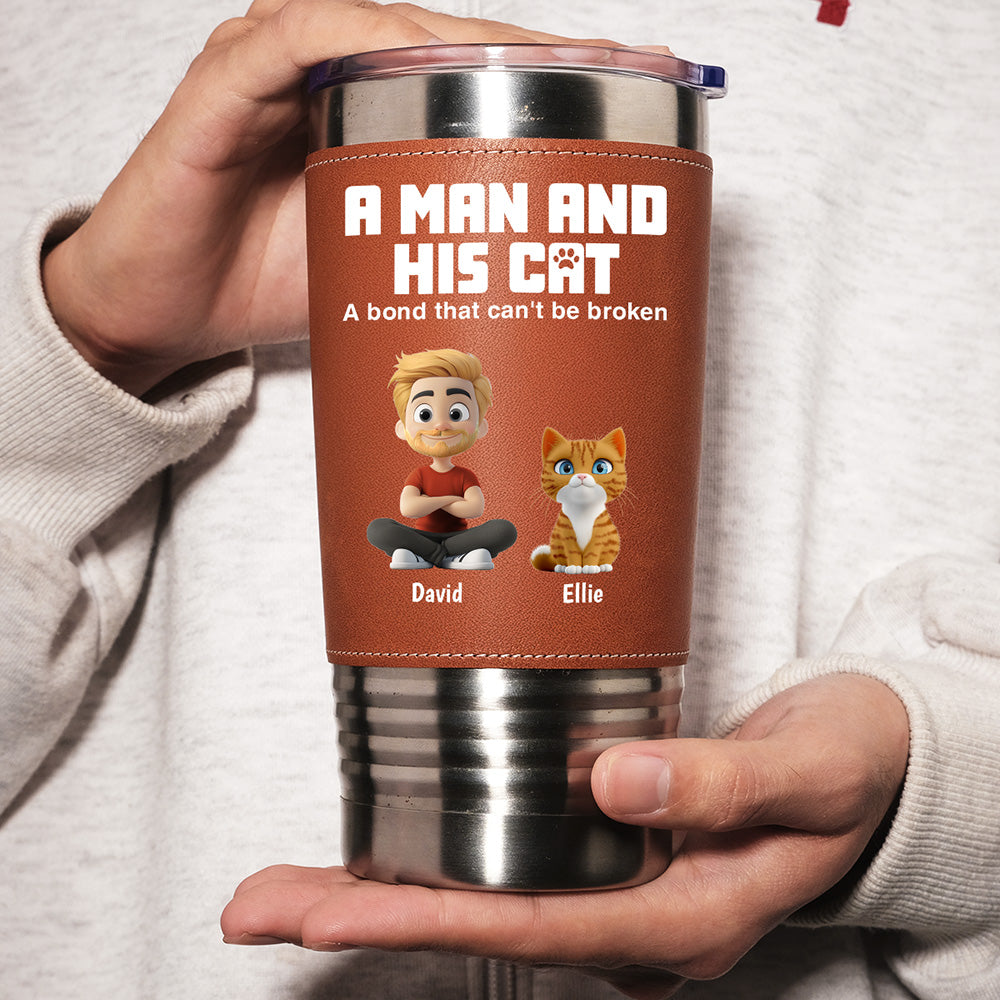 Custom Father's day Birthday Gifts For Cat Dad, Cat Lovers • A Man And His Cats - Personalized Leather Tumbler