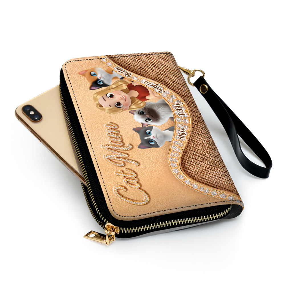 Gold Chibi Cat Mom - Personalized Leather Wallet
