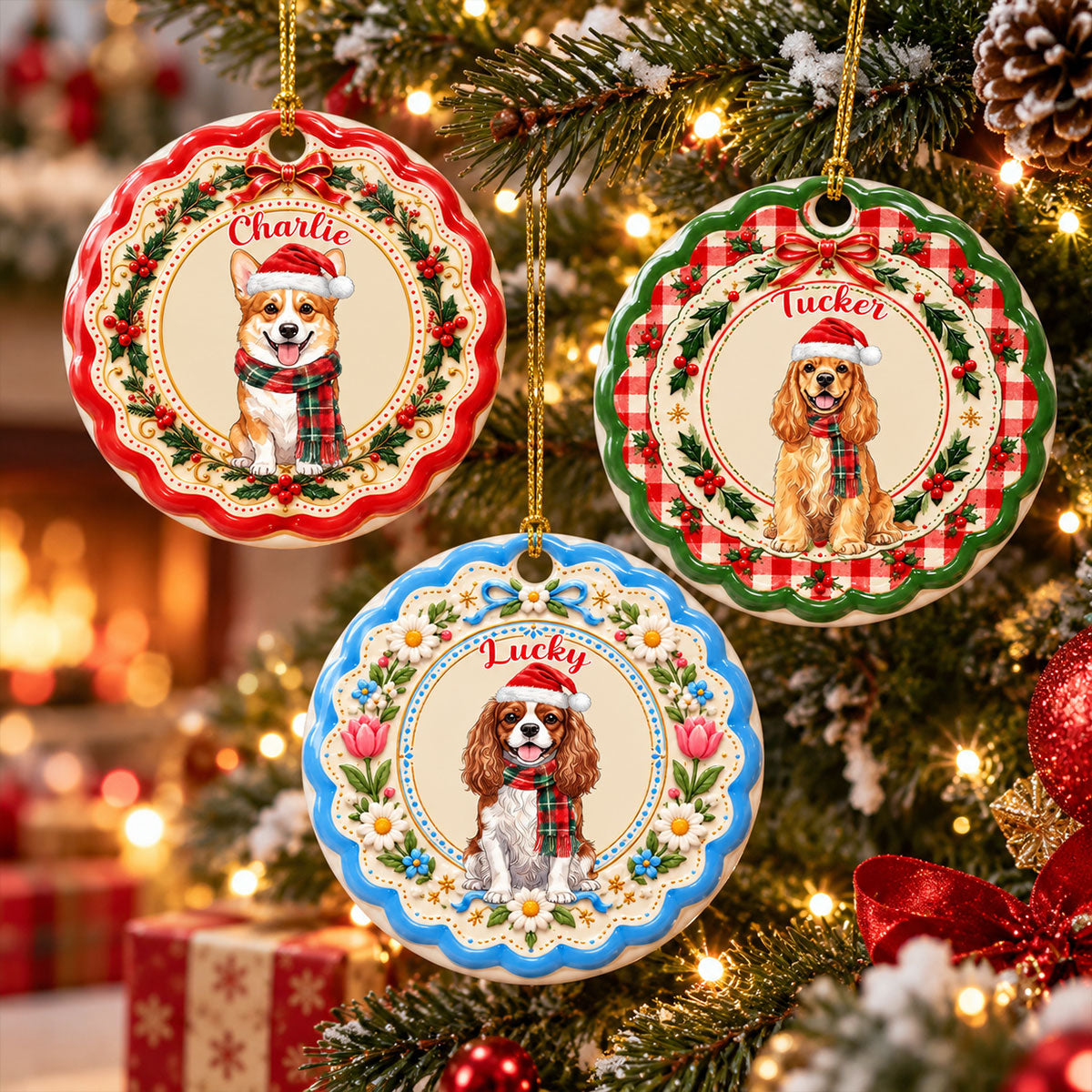 Custom Christmas Decor Home Birthday Gifts For Dog Mom, Dog Lovers • Merry Bright And Furry - Personalized 3D Effect Ceramic Ornament