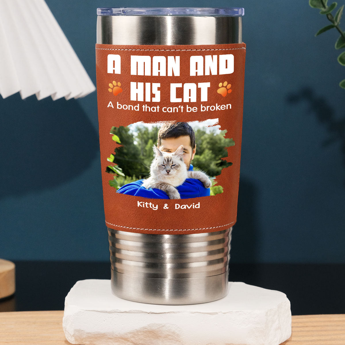 Custom Photo Christmas Birthday Gifts For Cat Lovers • Human And Their Cat Cartoon Christmas Photo - Personalized Leather Tumbler