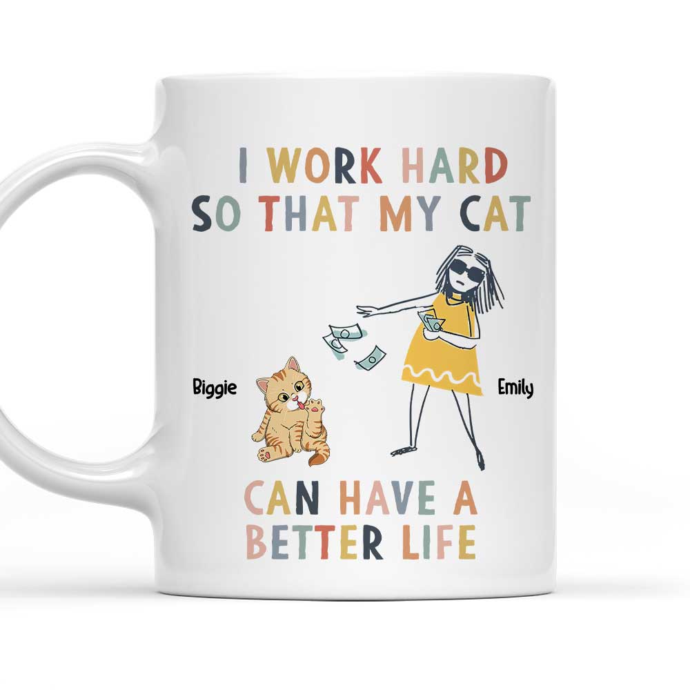 Custom Mother's day Birthday Gifts For Cat Mom, Cat Lovers • I Work Hard Because Of My Cat - Personalized Coffee Mug