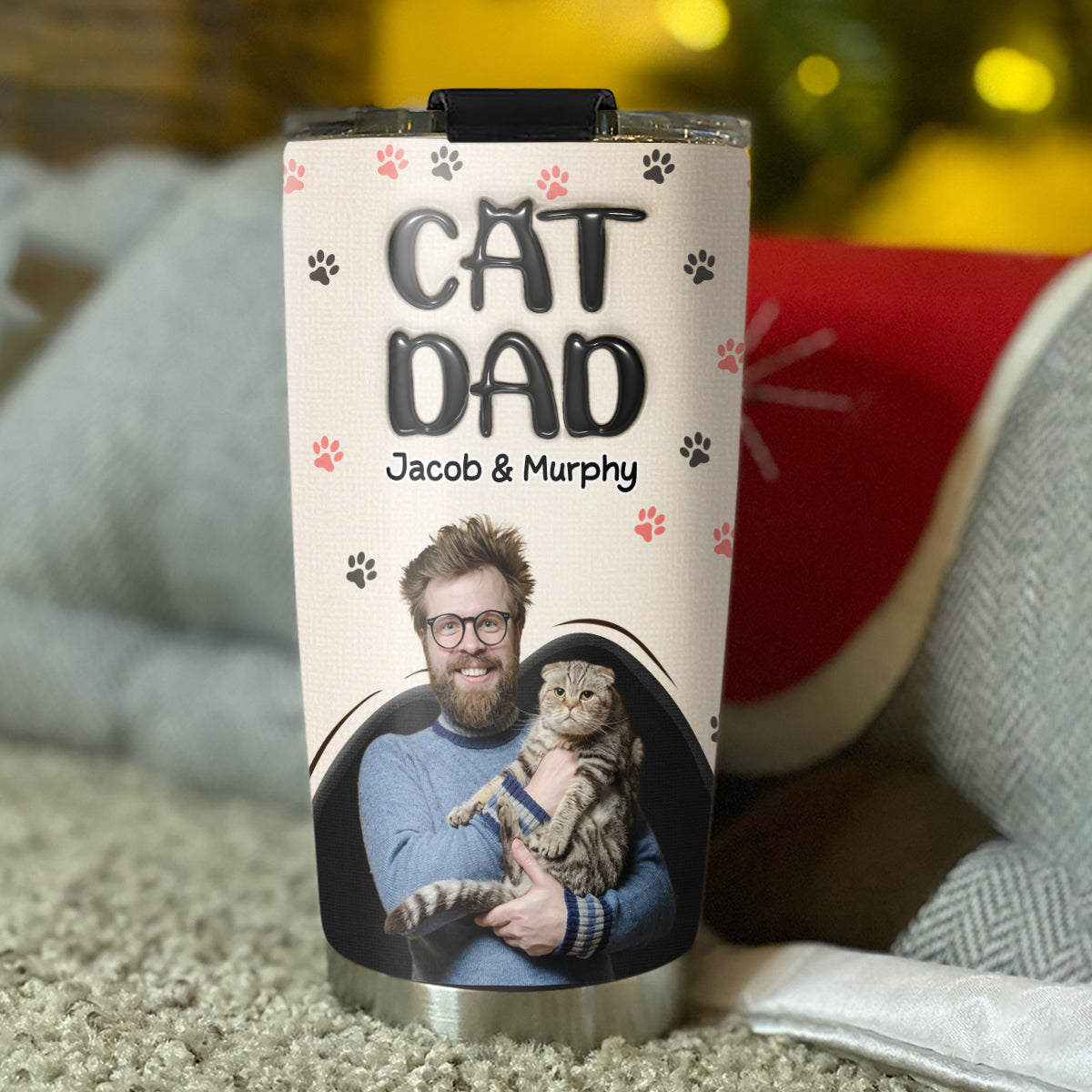 Custom Photo Christmas Birthday Gifts For Cat Dad, Cat Lovers • Dad Love Cat The Most Photo - Personalized 3D Inflated Effect Tumbler