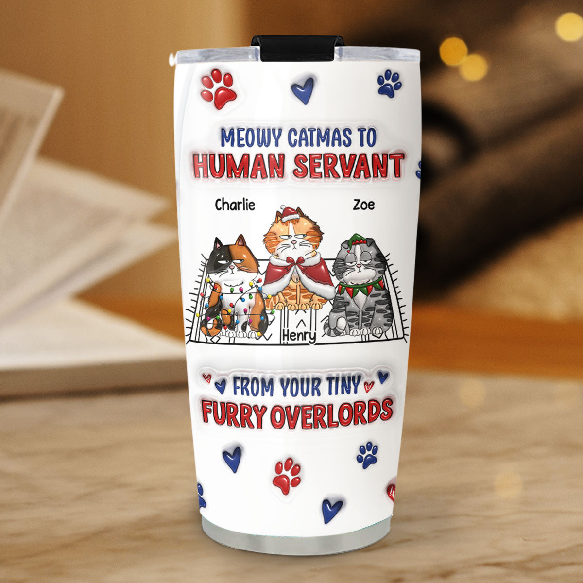 Custom Mother's day Birthday Gifts For Pet Mom, Pet Lovers • Meowy Catmas To Human Servant Ver 2 - Personalized 3D Inflated Effect Tumbler