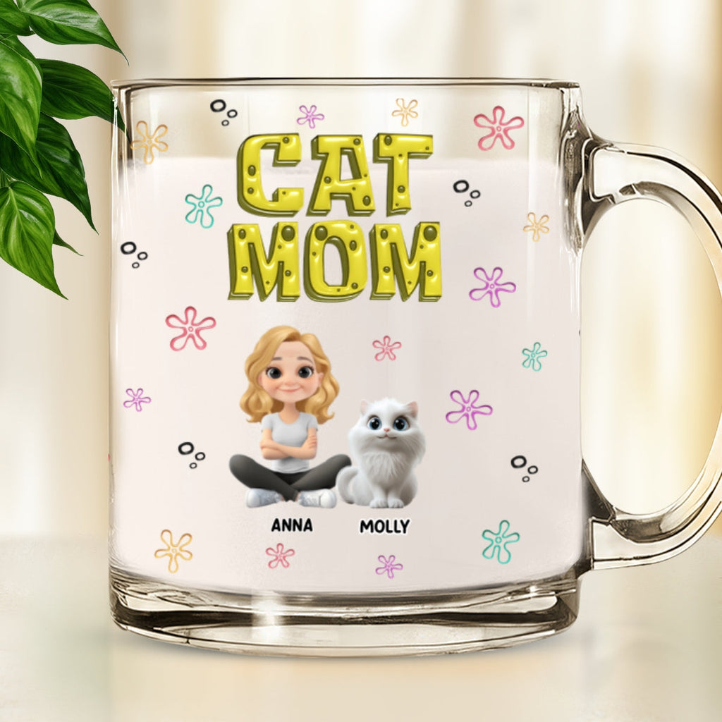 Custom Christmas Birthday Gifts For Cat Mom, Cat Lovers • Sponge Cat Mom - Personalized 3D Inflated Effect Glass Mug