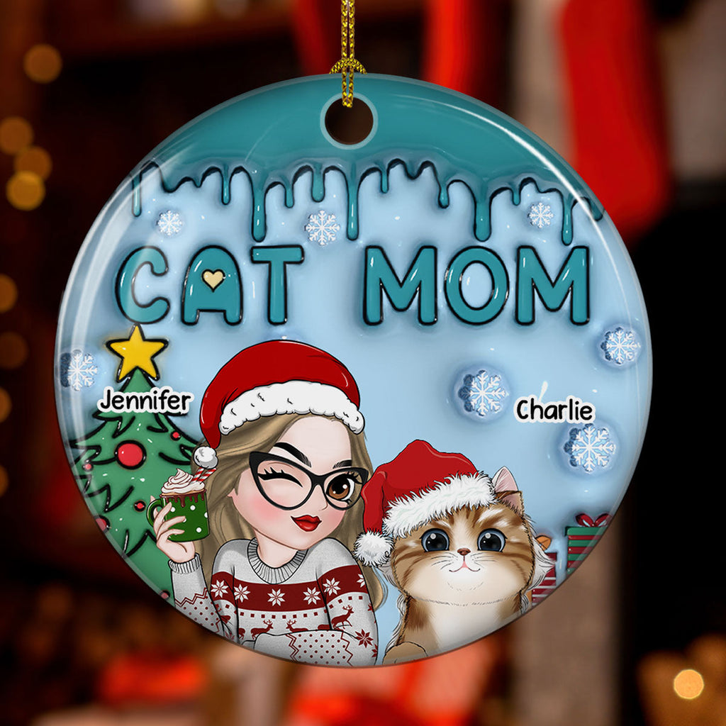 Custom Christmas Decor Home Birthday Gifts For Cat Mom, Cat Lovers • Lovely Cat Mom - Personalized 3D Inflated Effect Ceramic Ornament