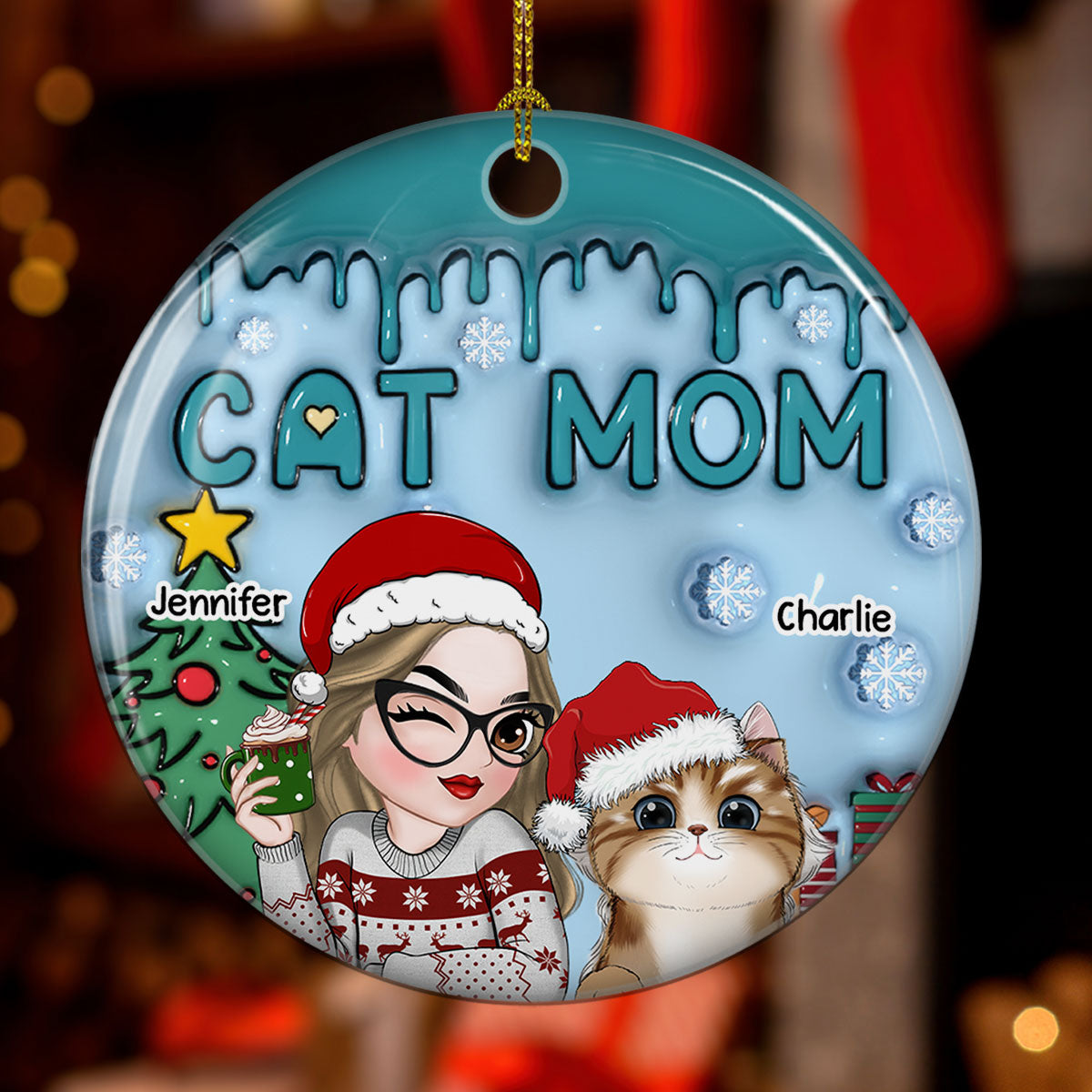 Custom Christmas Decor Home Birthday Gifts For Cat Mom, Cat Lovers • Lovely Cat Mom - Personalized 3D Inflated Effect Ceramic Ornament