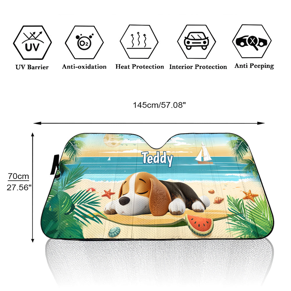Custom Christmas Birthday Gifts Car Accessories for Dog Parents • Dog Relax On Beach - Personalized Car Sunshade