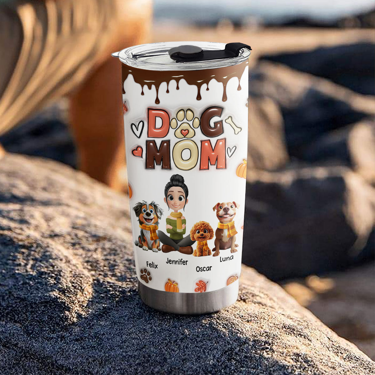 Custom Christmas Birthday Gifts For Dog Mom, Dog Lovers • Dog Mom Autumn Cartoon Version - Personalized 3D Inflated Effect Tumbler
