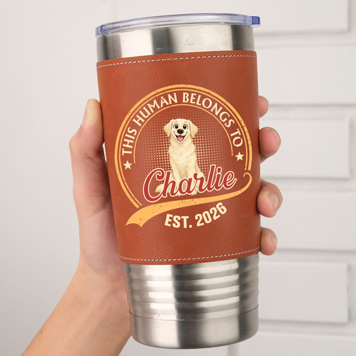 Custom Father's day Birthday Gifts For Dog Dad, Dog Lovers • Human Belongs To Storybook Dog - Personalized Leather Tumbler