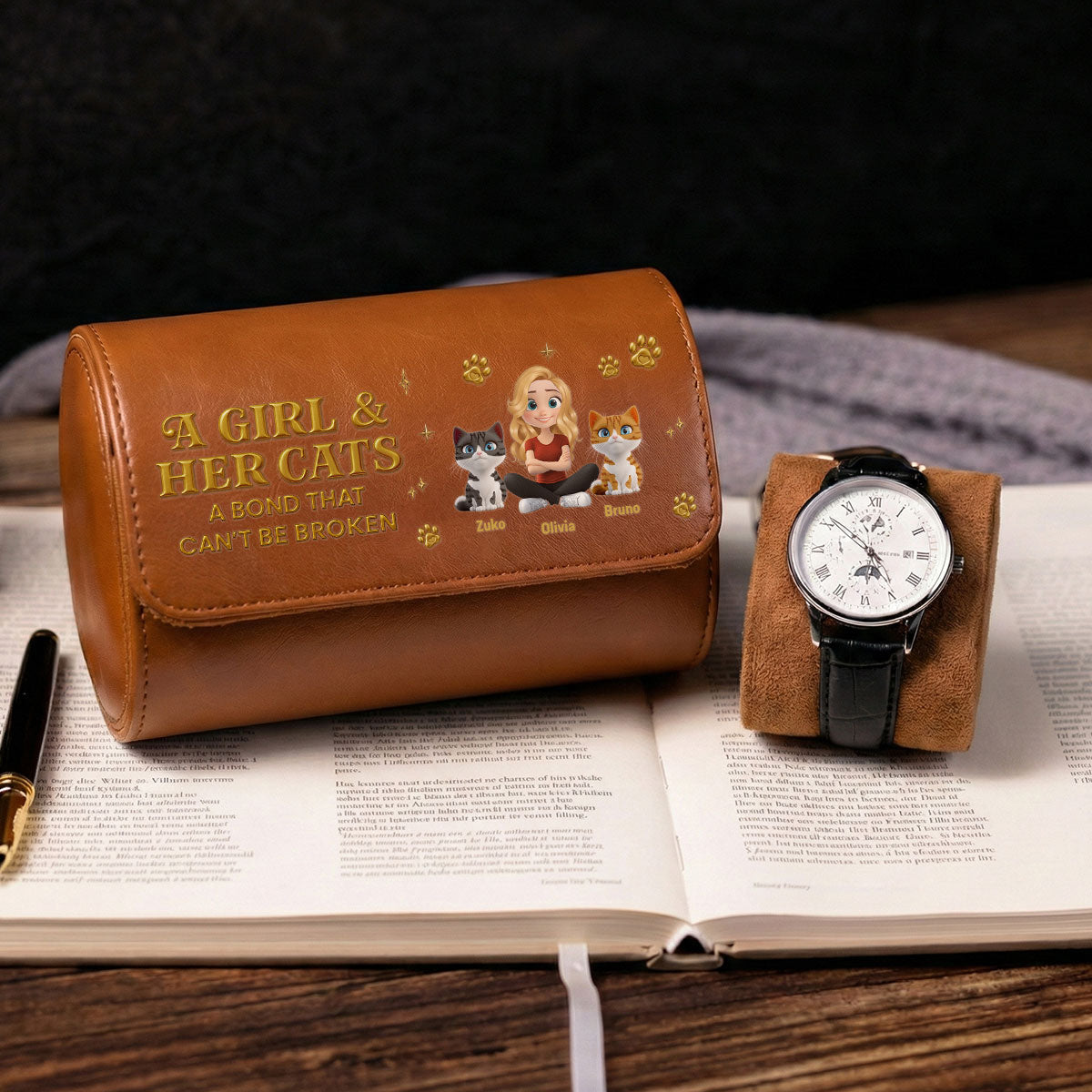 A Girl And Her Cat - Personalized Leather Watch Case