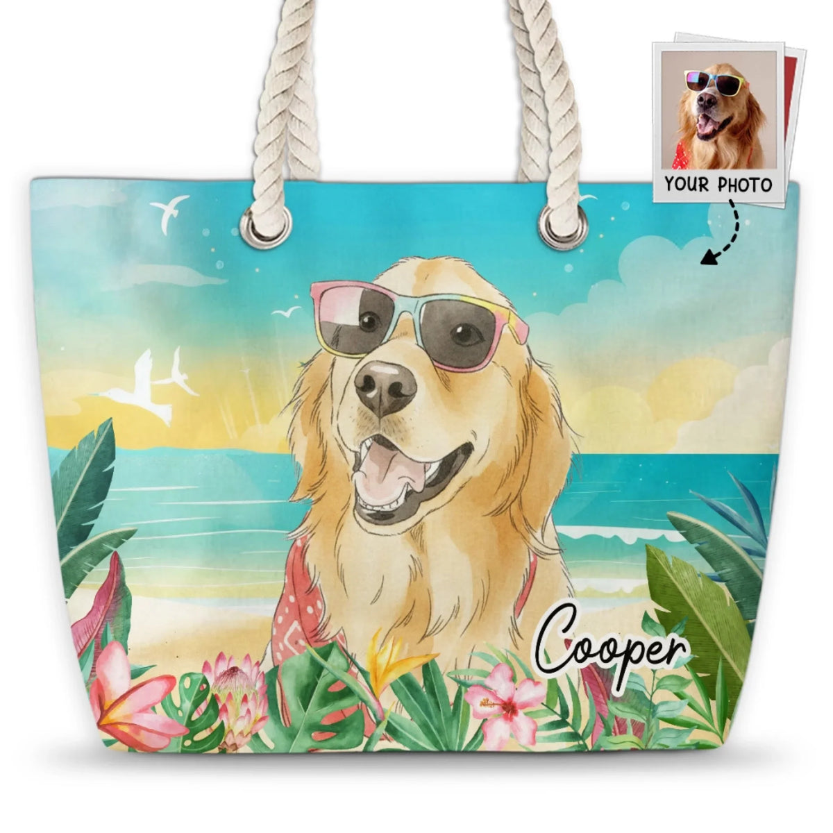 Custom Photo Summer Trips Birthday Gifts For Dog Mom • Dog At The Beach Watercolor - Personalized Beach Bag
