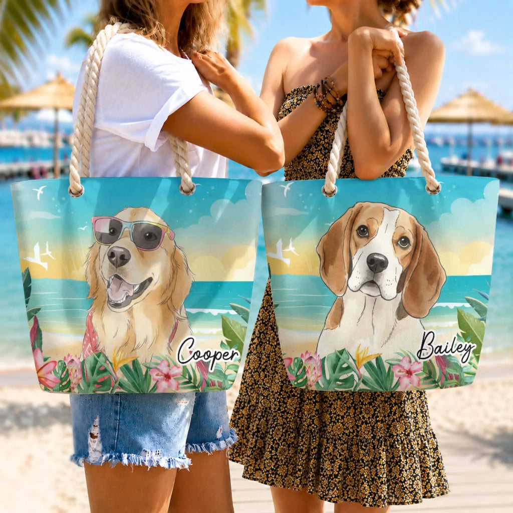 Custom Photo Summer Trips Birthday Gifts For Dog Mom • Dog At The Beach Watercolor - Personalized Beach Bag
