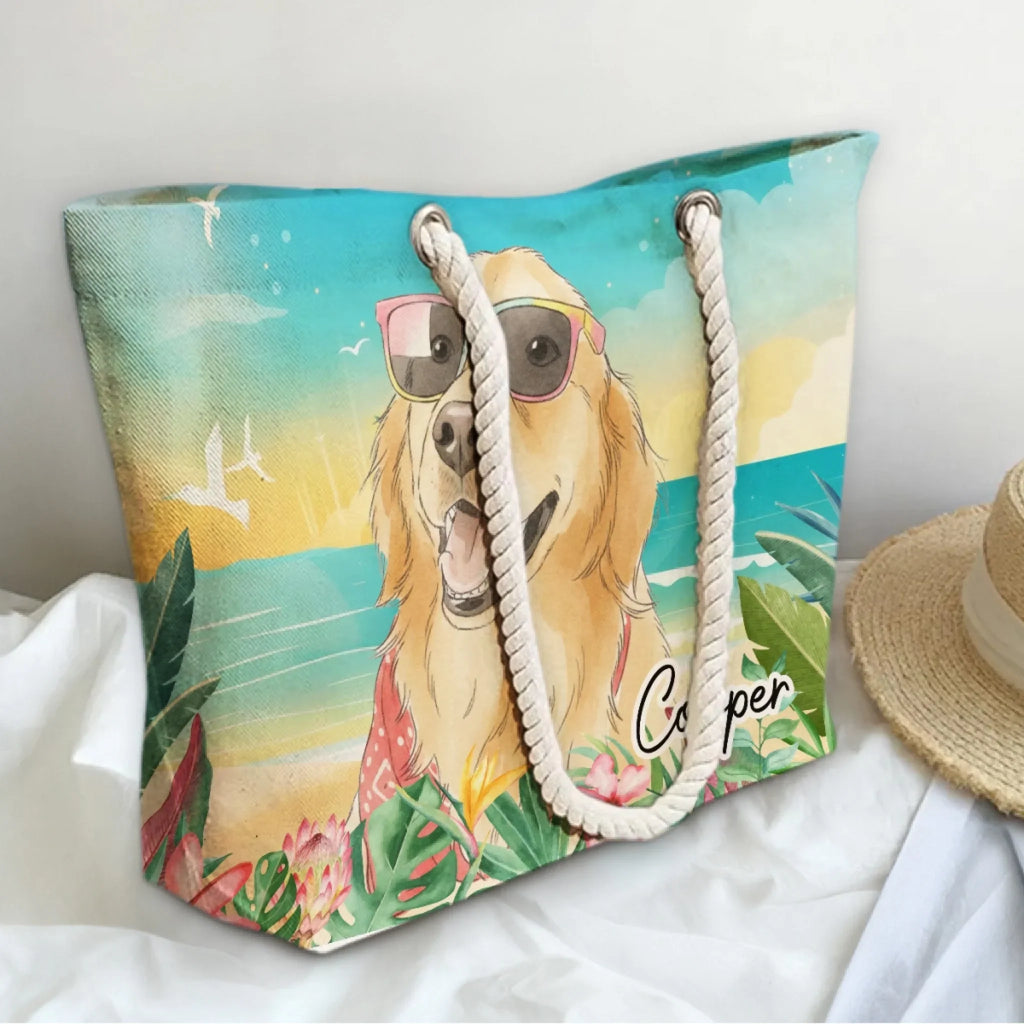 Custom Photo Summer Trips Birthday Gifts For Dog Mom • Dog At The Beach Watercolor - Personalized Beach Bag