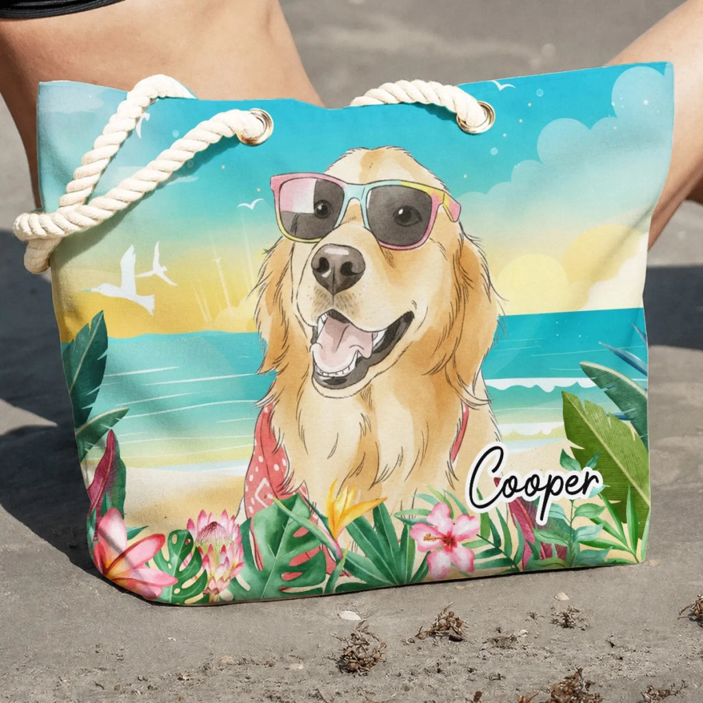 Custom Photo Summer Trips Birthday Gifts For Dog Mom • Dog At The Beach Watercolor - Personalized Beach Bag