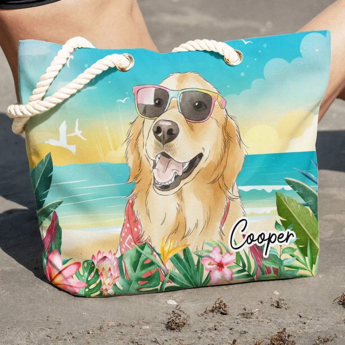 Custom Photo Summer Trips Birthday Gifts For Dog Mom • Dog At The Beach Watercolor - Personalized Beach Bag