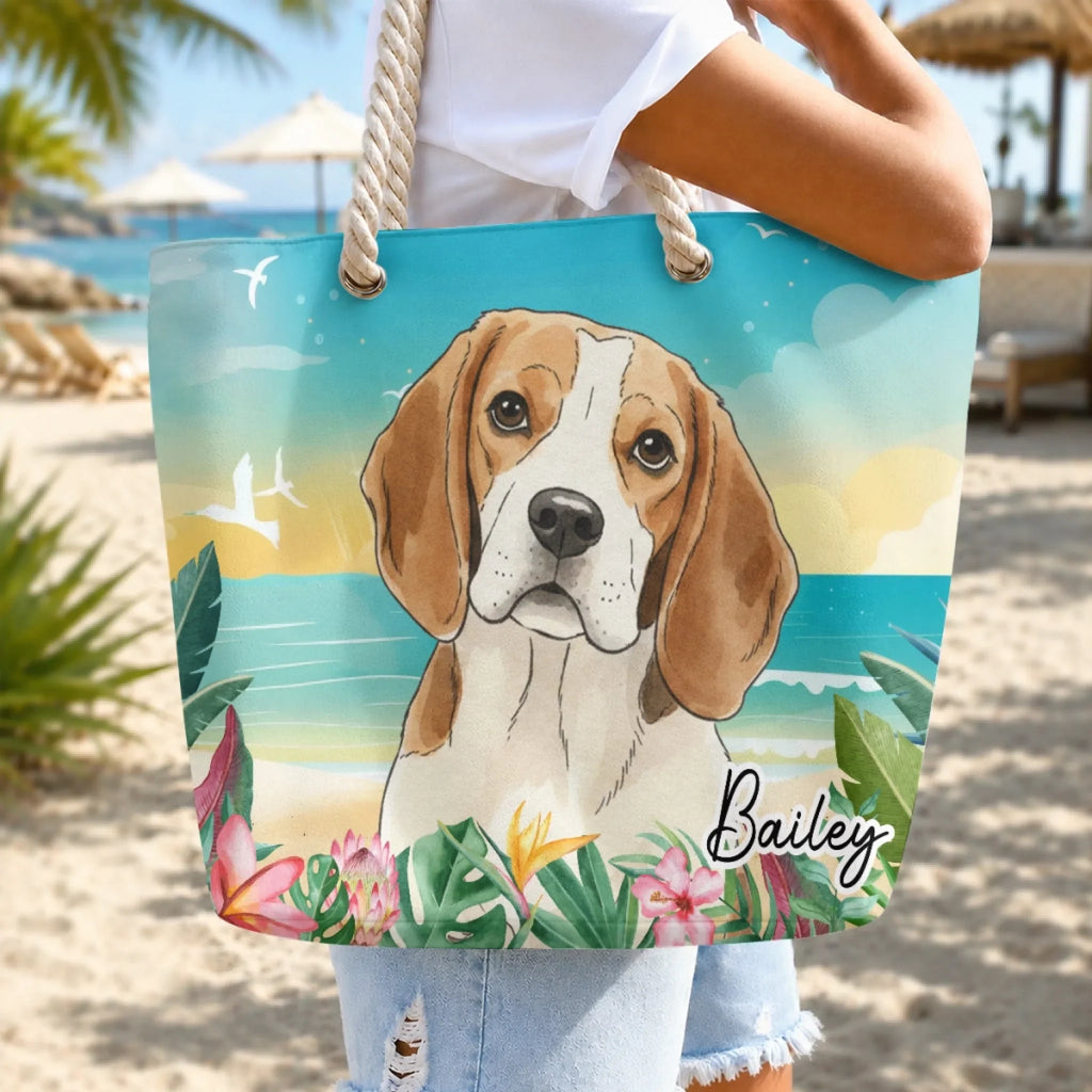 Custom Photo Summer Trips Birthday Gifts For Dog Mom • Dog At The Beach Watercolor - Personalized Beach Bag