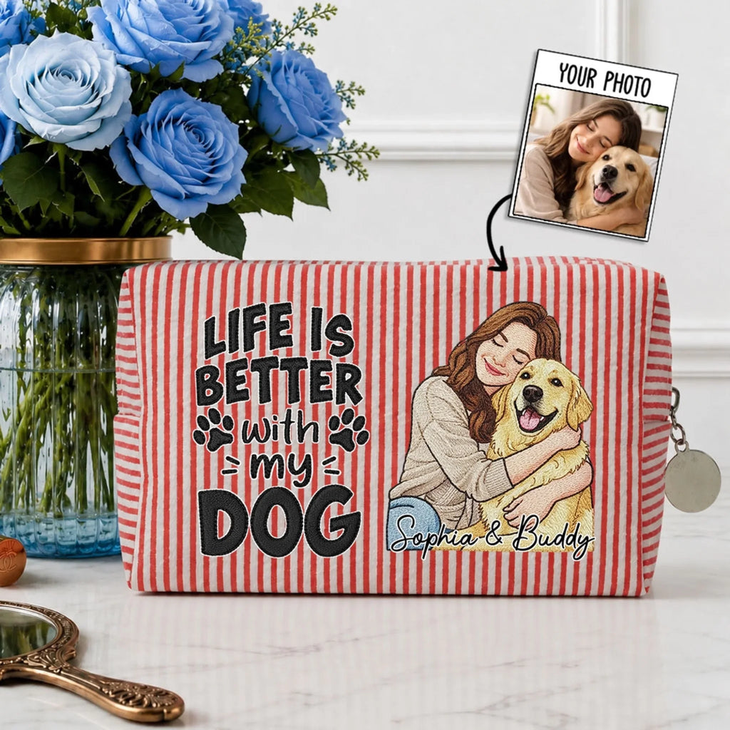 Custom Christmas Birthday Gifts For Dog Mom • Better Days Better Life - Personalized Seersucker Print Makeup Bag
