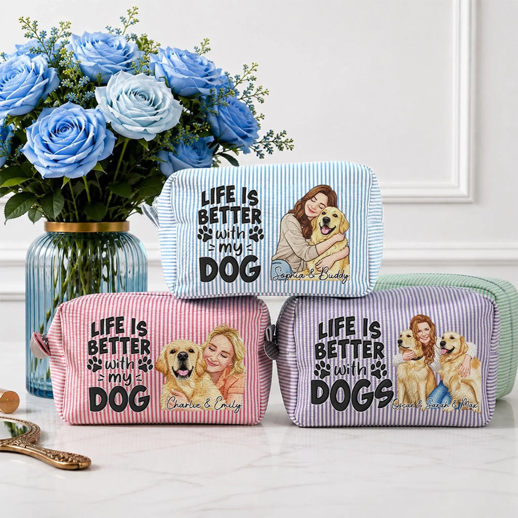 Custom Christmas Birthday Gifts For Dog Mom • Better Days Better Life - Personalized Seersucker Print Makeup Bag